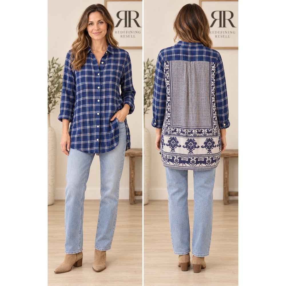 Johnny Was 3J Workshop Mixed Print Plaid Button Down Tunic Shirt Blue Medium